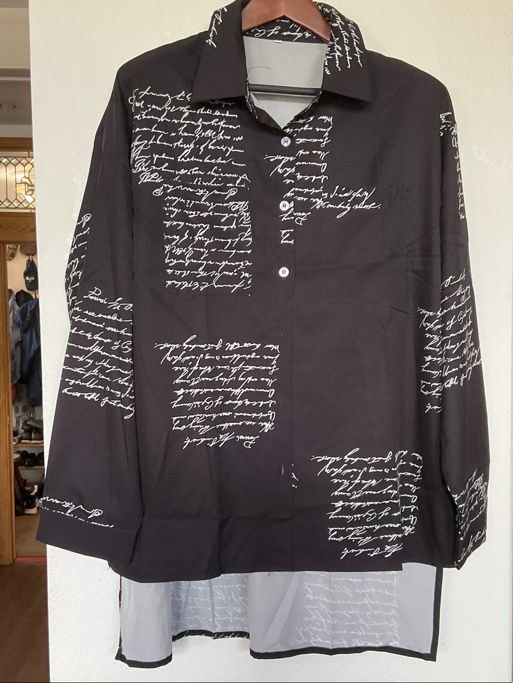Women’s Black Script Print Button-Up Shirt 3X